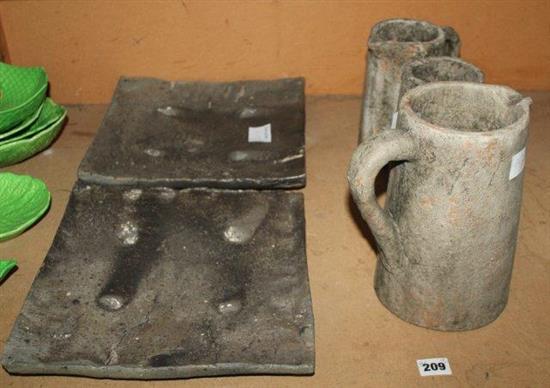 3 jugs & 2 plates, pottery
